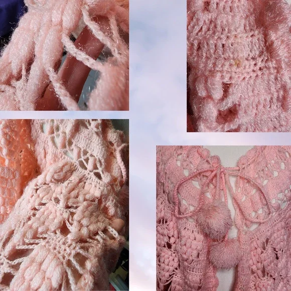 Vtg Handmade Pink Open Knit Coquette Cottage Prairie Bell Sleeve Knit Sweater - Picture 7 of 7